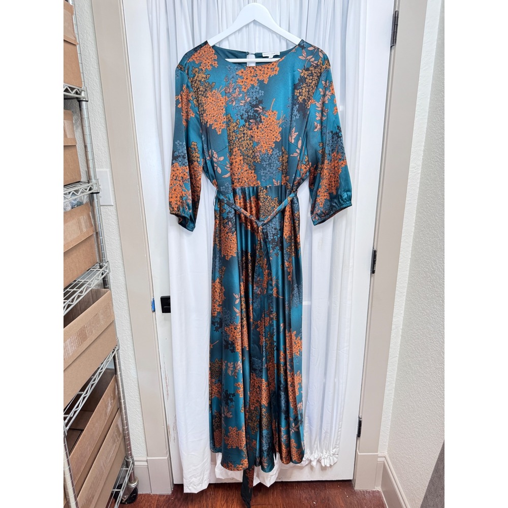 Baltic Born Teal Orange Floral Satin Maxi Dress 1XL 3/4 Sleeve Belted Formal